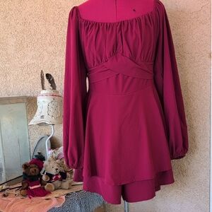 Magenta Berry  Long Lantern Sleeve Mini Romper Dress By LYANER